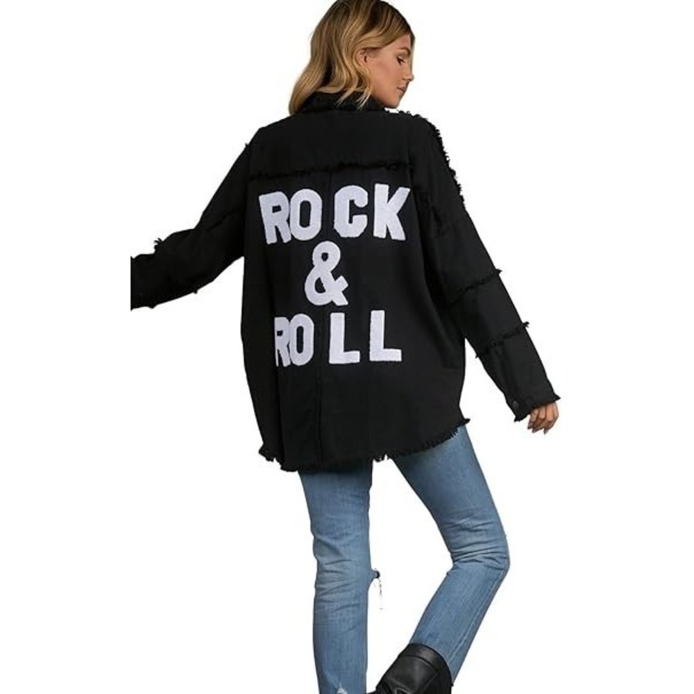 Elan Black Jean Jacket with White 'ROCK & ROLL' Back Print